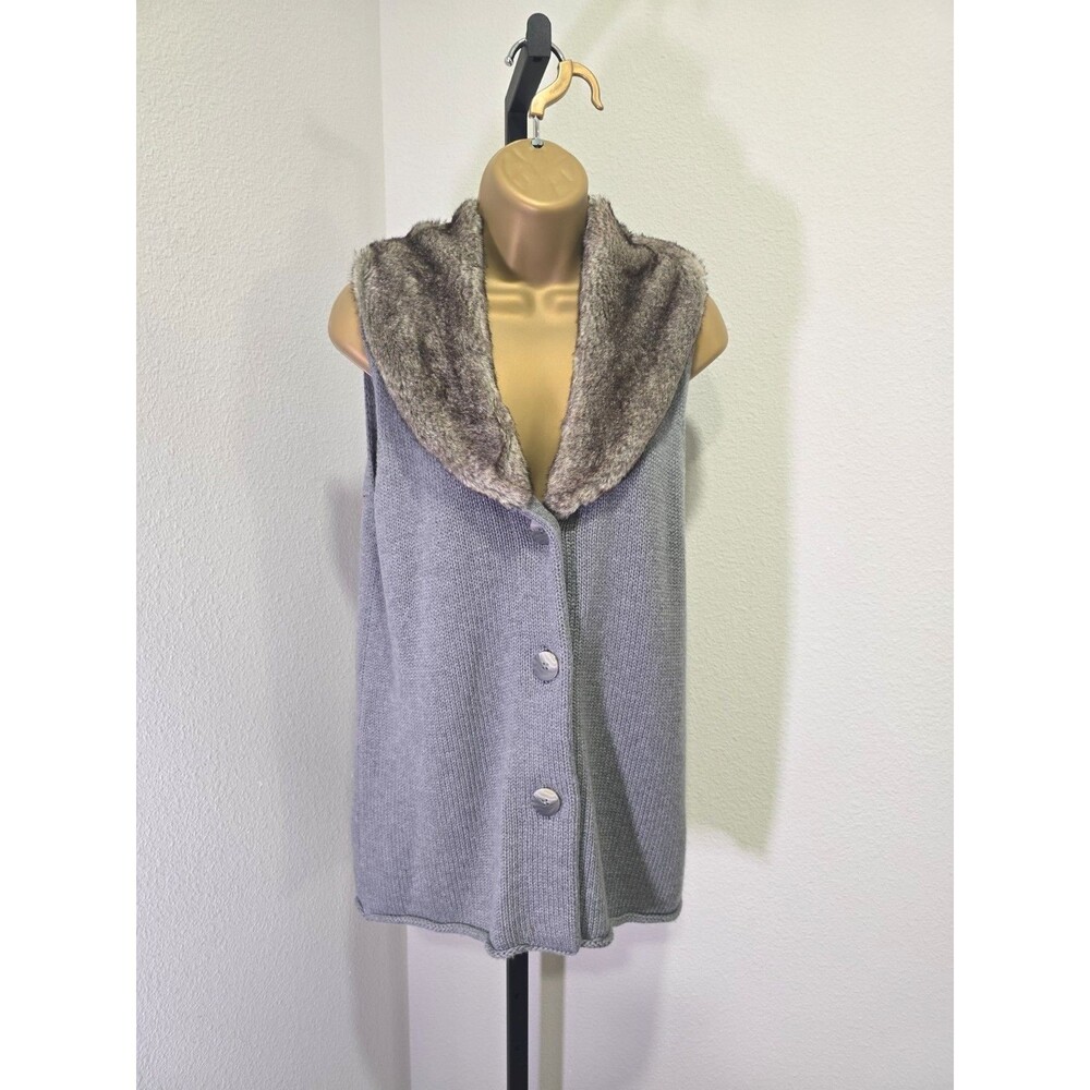 J Jill Angora Blend Sweater Vest Oversized Small Gray Faux Fur Collar Penny Lane